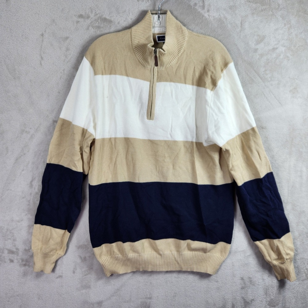 Club Room 1/4 Zip Pullover Mens Large Tan White Navy Striped Safari Preppy NWT